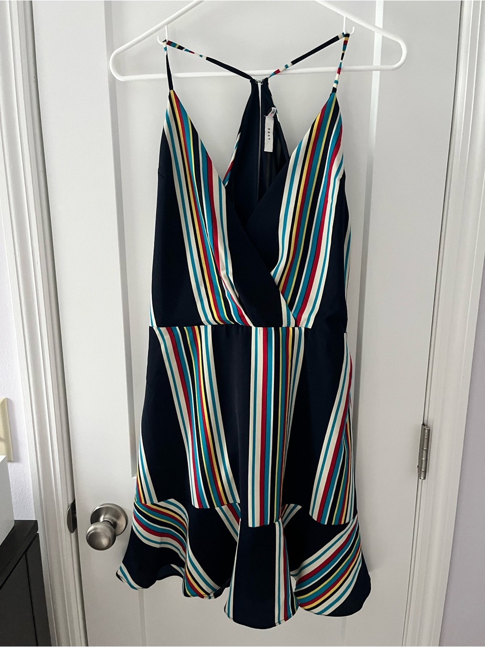Lush Navy Striped Mini Dress with Multi-Color Stripes